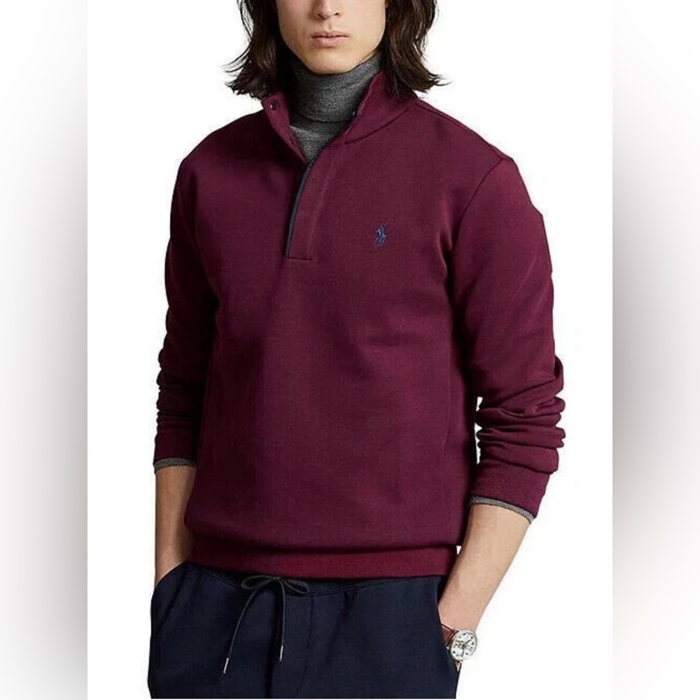 Polo Ralph Lauren Double Knit Quarter Snap Pullover - Burgundy Navy trim XXL
